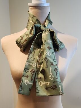 Talbots Olive Green Silk Scarf with Beige and Brown Key Print